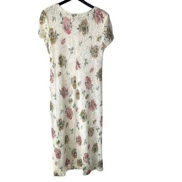 Vintage 90s White Floral Floral Print Short Sleeve Full Length Dress 14 - Picture 3 of 8